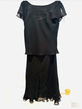 Sandra Darren Black Beaded Maxi Skirt and Top Set, special occasion outfit